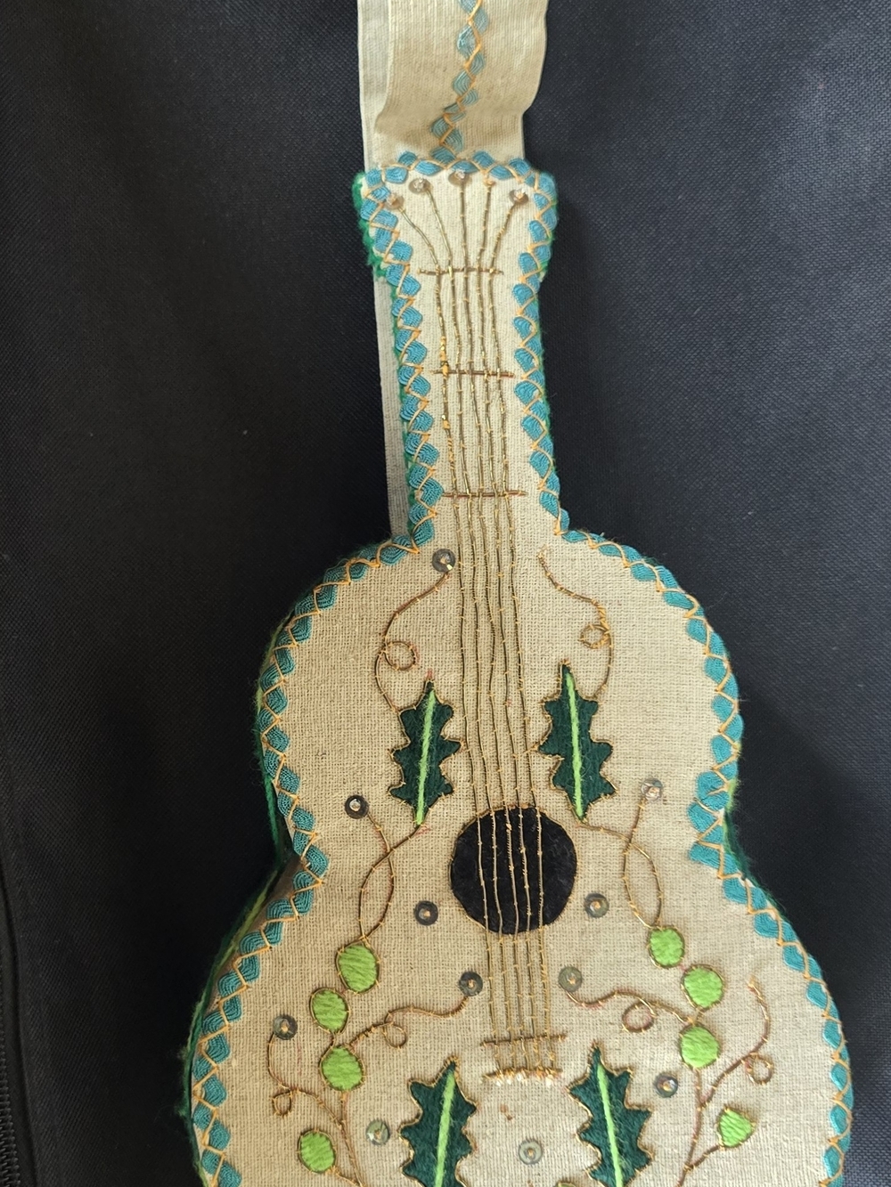 Handcrafted Beige and Teal Embroidered Guitar Sewimg Case